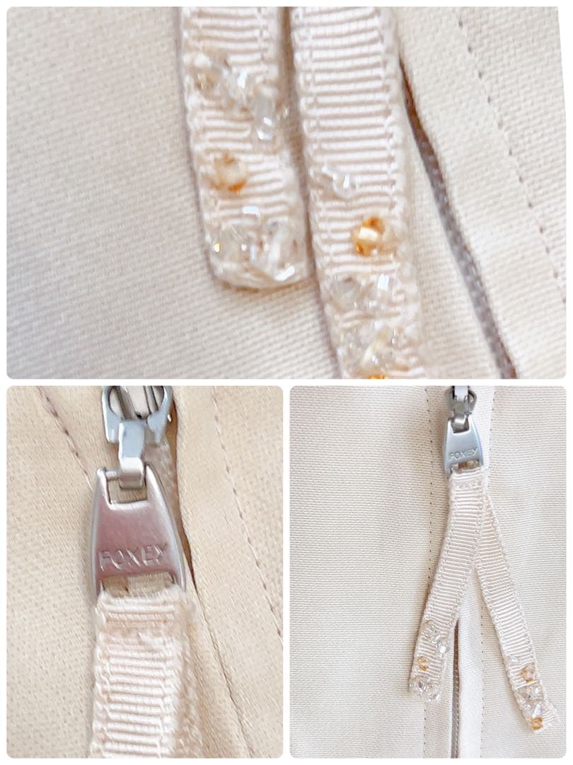 2段フレア✨FOXEY フォクシー シルク ワンピース ビーズ 40 ベージュ