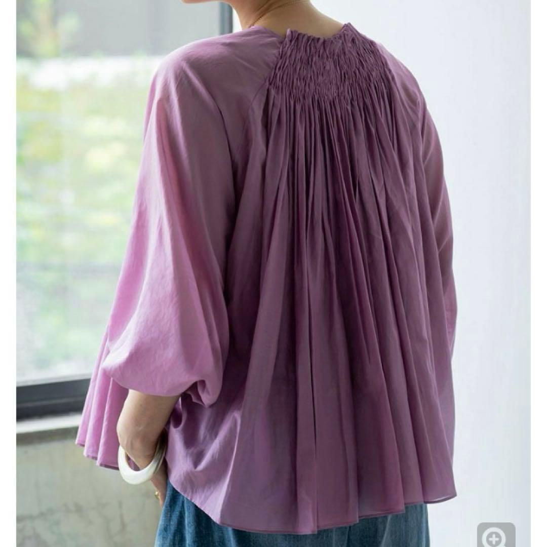 【新品】ハグオーワー　コットンシルクスモッキングリボンブラウス　ピンクラベンダー