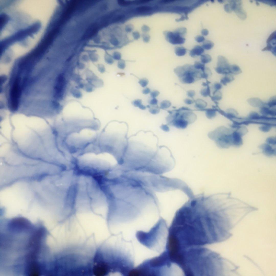 レトロヴィンテージ大皿、サイズ46センチ青い花と鳥の陶器プレート