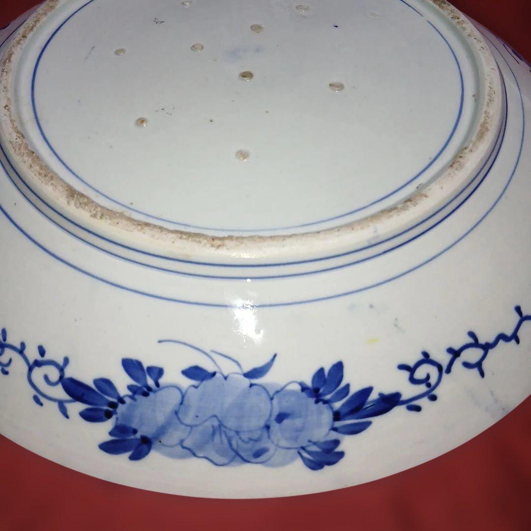 レトロヴィンテージ大皿、サイズ46センチ青い花と鳥の陶器プレート