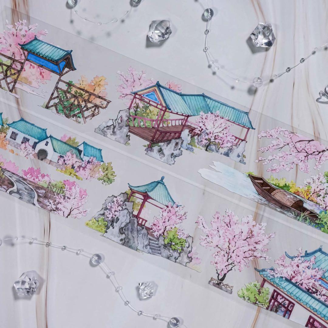 【9488】海外　5m巻　PETマスキングテープ春景色　東屋　ピンク　装飾背景系