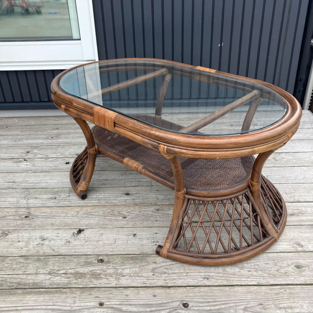 昭和レトロ ヴィンテージ ラタンオーバルテーブル センターテーブル 楕円形