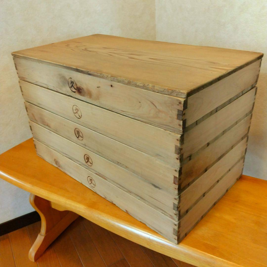 昭和レトロ　もろぶた　餅箱　蓋付き 5段　焼印　木製　古道具