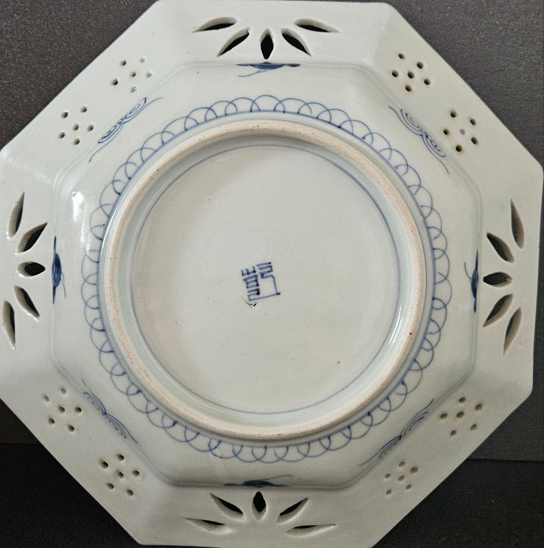 名品❗】 江戸後期　古伊万里 染付 透造　笹に六曜紋　松竹梅　25.3cm八角鉢