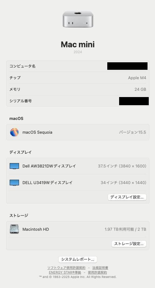 Mac mini M4 メモリ24GB | SSD2TB（増設） | 10GbE