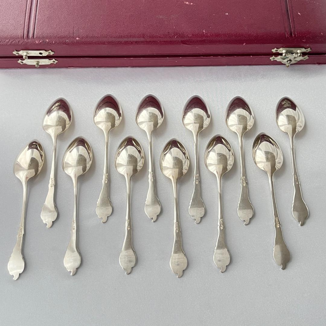【ドイツ】レリーフのモカスプーン 12本【純銀】 10.5cm ケース