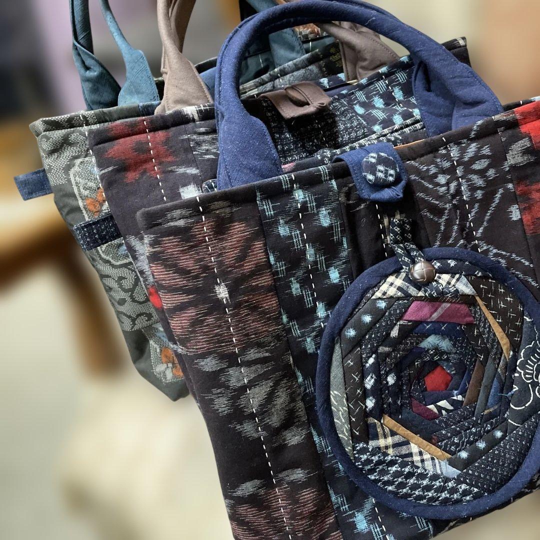 M156 バッグ３点まとめて売り　絣2点　大島1点　古布リメイク