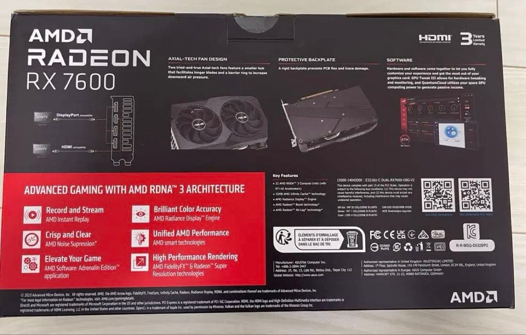 グラフィックボード・グラボ・ビデオカード ASUS Radeon RX7600 DUAL-RX7600-O8G-V2