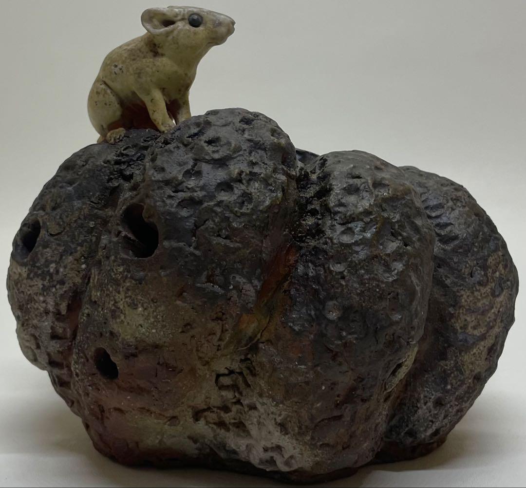 木村玉舟　備前焼　白備前南瓜　鼠　細工物　 共箱　 　　　k2331