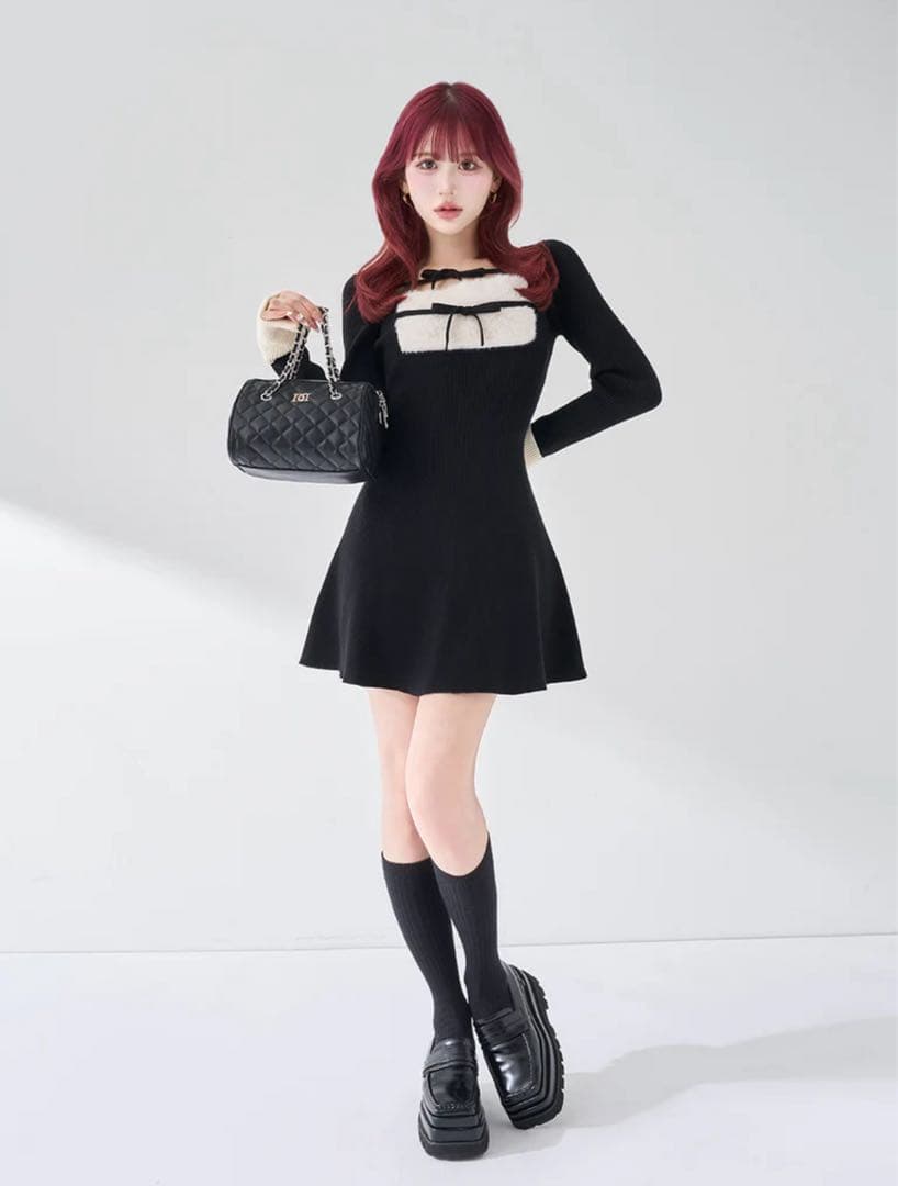 Darich リボンファーフレアニットミニワンピース BLK