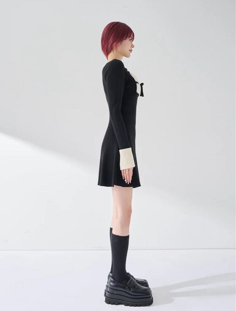 Darich リボンファーフレアニットミニワンピース BLK