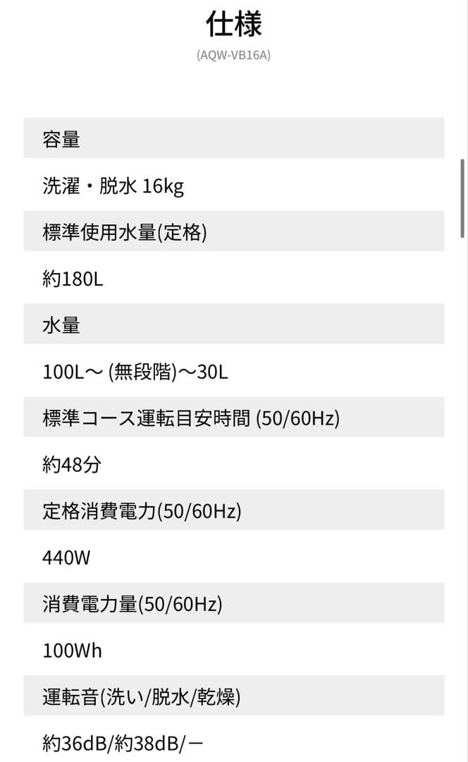 AQUA 全自動洗濯機 AQW-VB16A 2025年製 メーカー再生品 新古品
