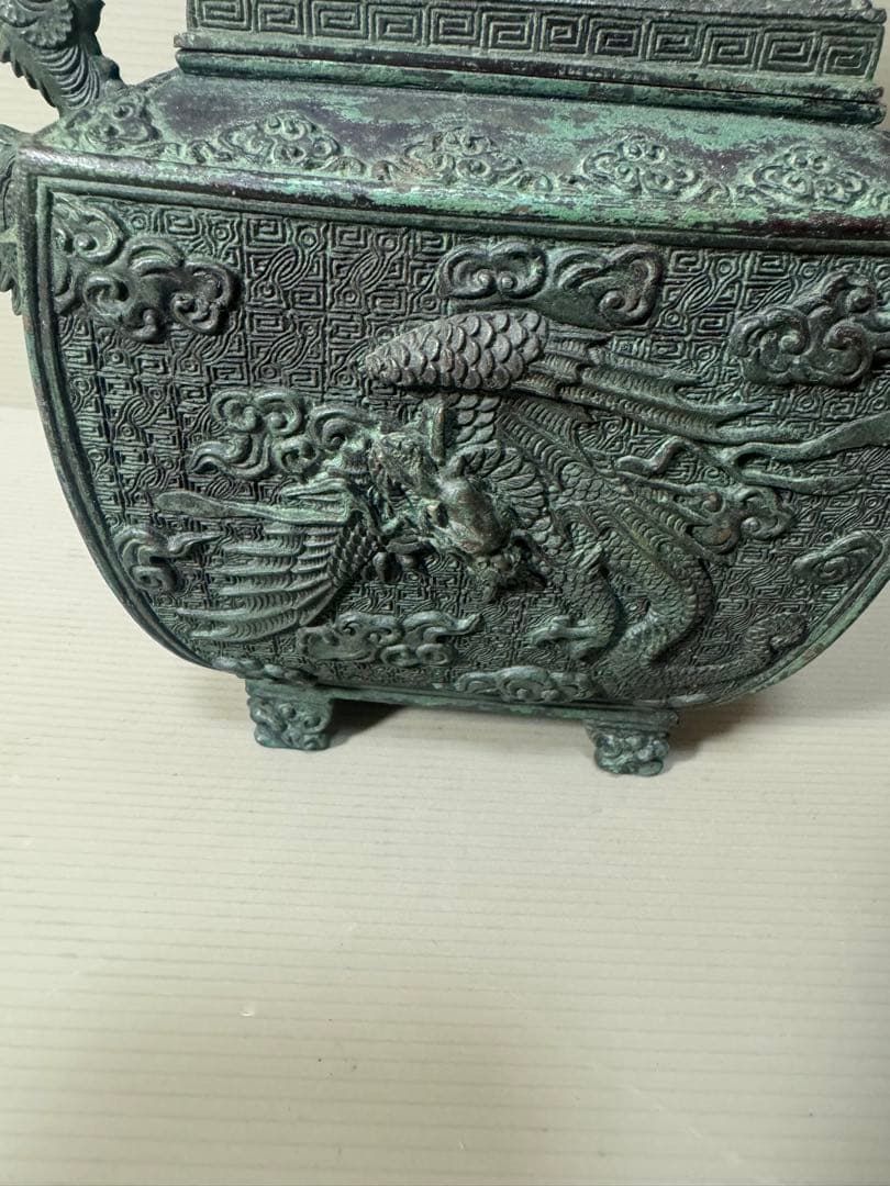 2136  高岡銅器 米田秀保造 獅子摘 龍鳳凰紋 四つ足 香炉