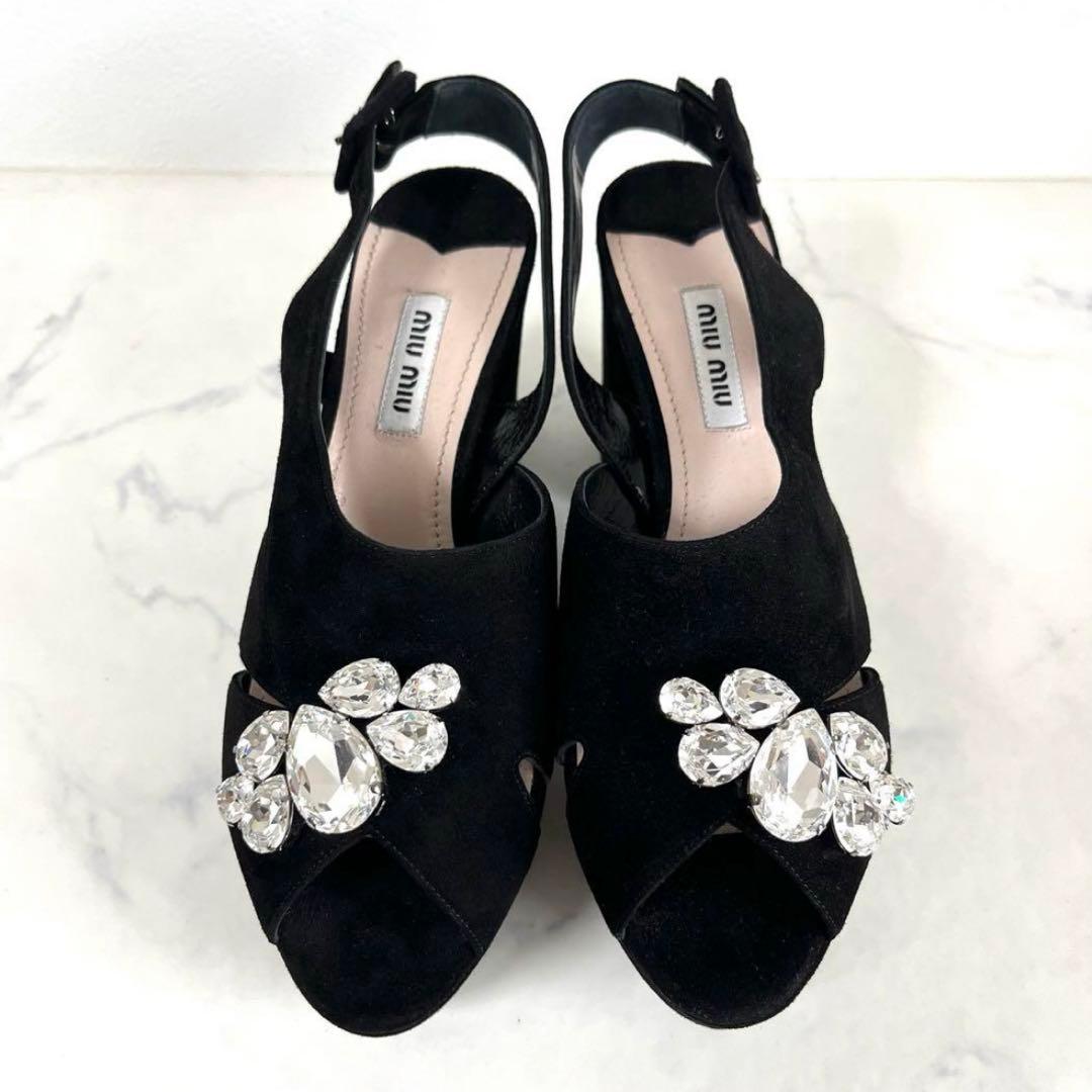 美品 MIUMIU 36.5 ビジュー サンダル チャンキーヒール スエード 黒