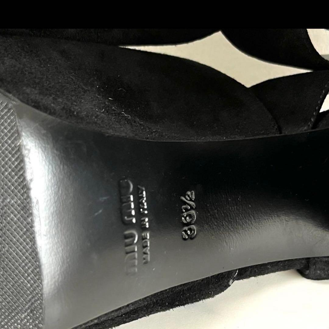 美品 MIUMIU 36.5 ビジュー サンダル チャンキーヒール スエード 黒