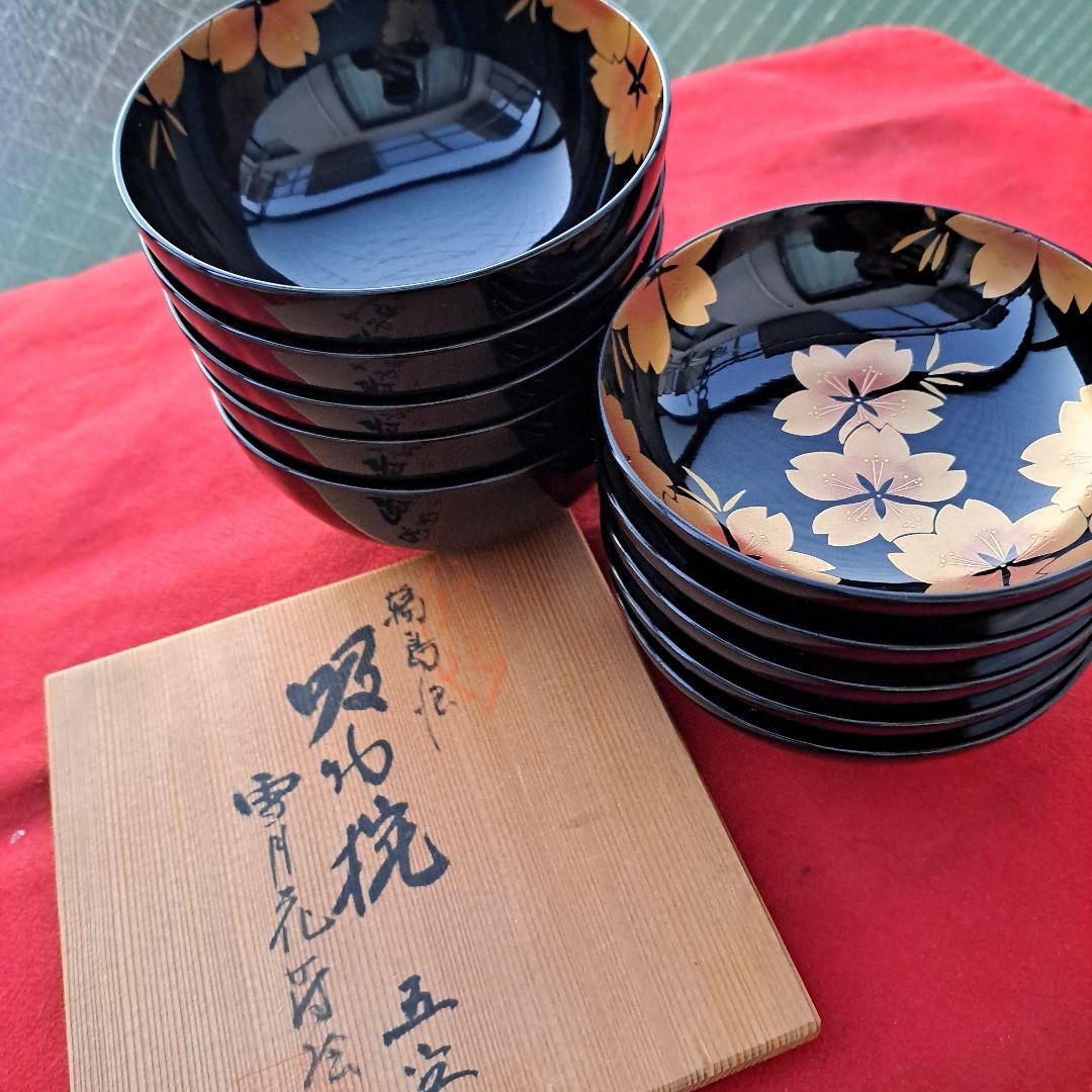 【輪島塗　吸物椀×5客】布着本堅地　雪月花\"蒔絵　朝信作　未使用/長期保管品