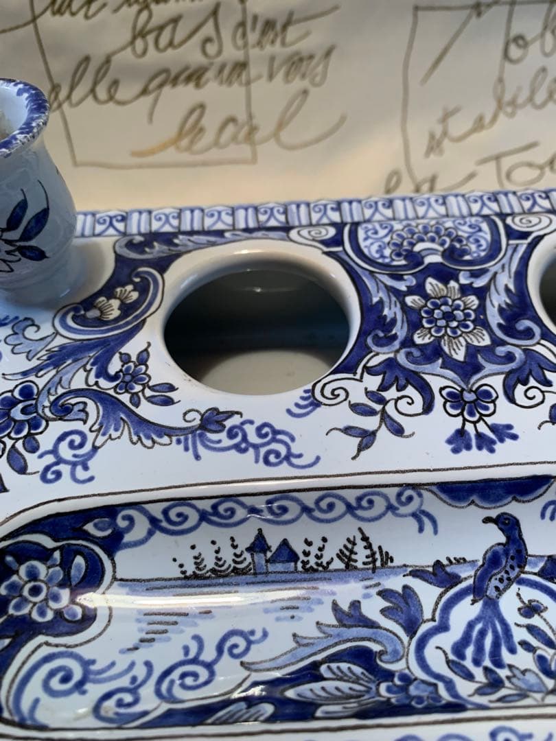 フランス製　破格！ビンテージのルーアン窯のローソク立て付きインク壺プレート！