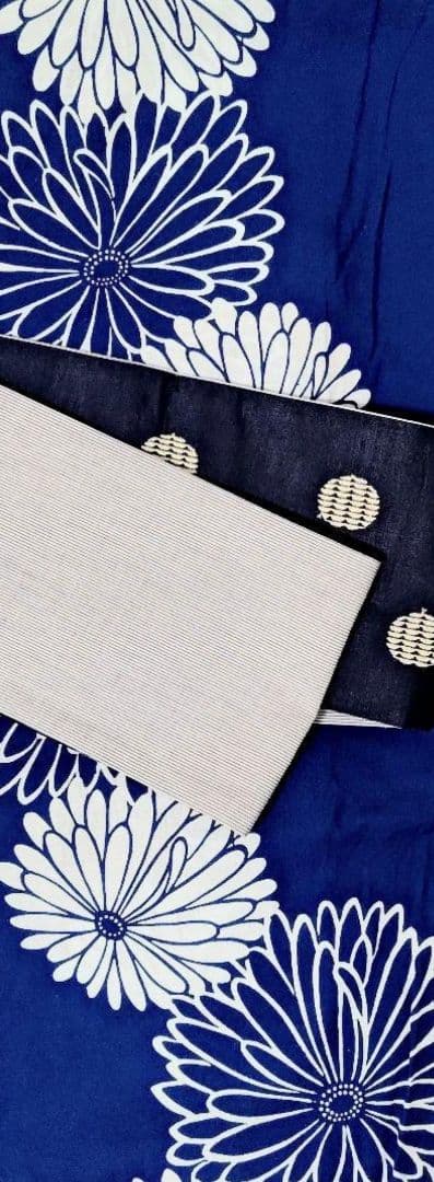 半幅帯紺色ドット柄刺繍ストライプ柄水玉模様リバーシブル着物浴衣帯ネイビーホワイト