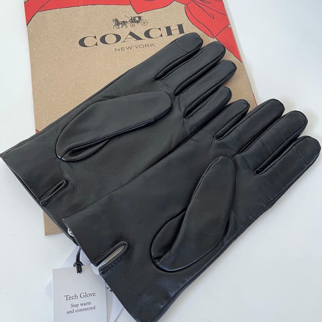コーチ☆新品☆レザーテック スマホ対応 グローブ 手袋/ブラック 黒 S