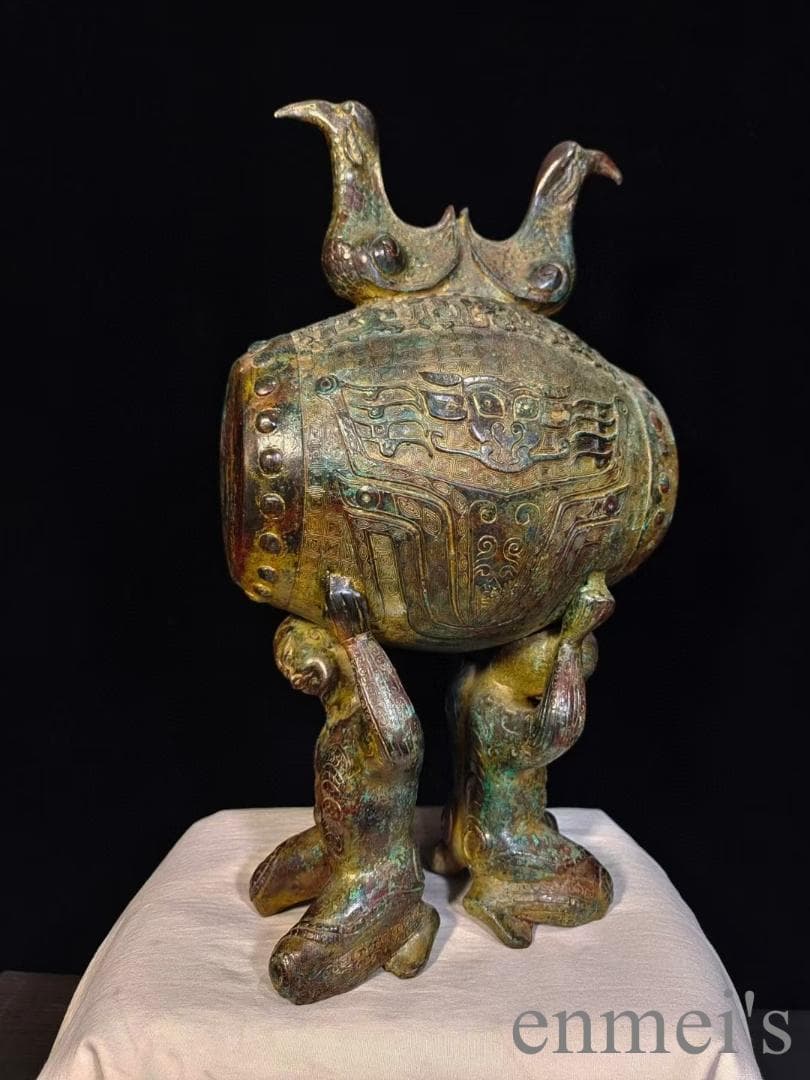 中国古美術 漢代 青銅器 跪人双鳥鼓 古代楽器 打楽器 禮楽器 青銅美術 骨董品