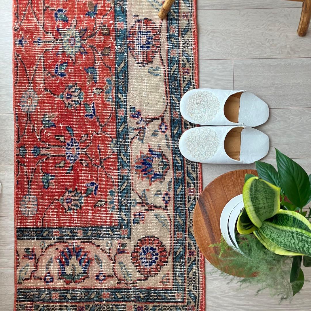 レッド53×163フローラル　ネイビー　ランナー　ロング　トルコヴィンテージラグ