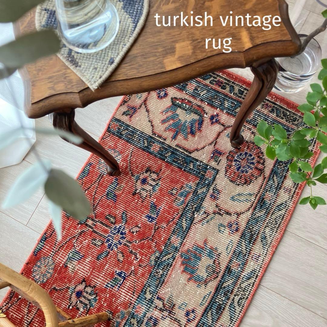 レッド53×163フローラル　ネイビー　ランナー　ロング　トルコヴィンテージラグ