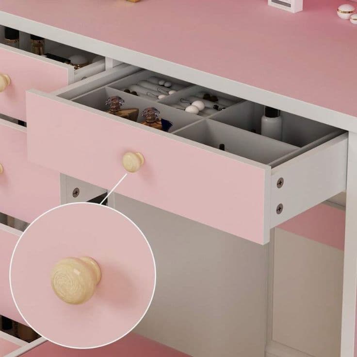 ピンク姫系ドレッサー 幅 80cm 円形ミラー 引き出し 5 杯 スツール付き