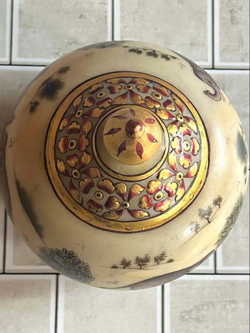 定価25,000円 手描き 象細密図 大理石 小物入 金彩仕上げ マハラジャ様式