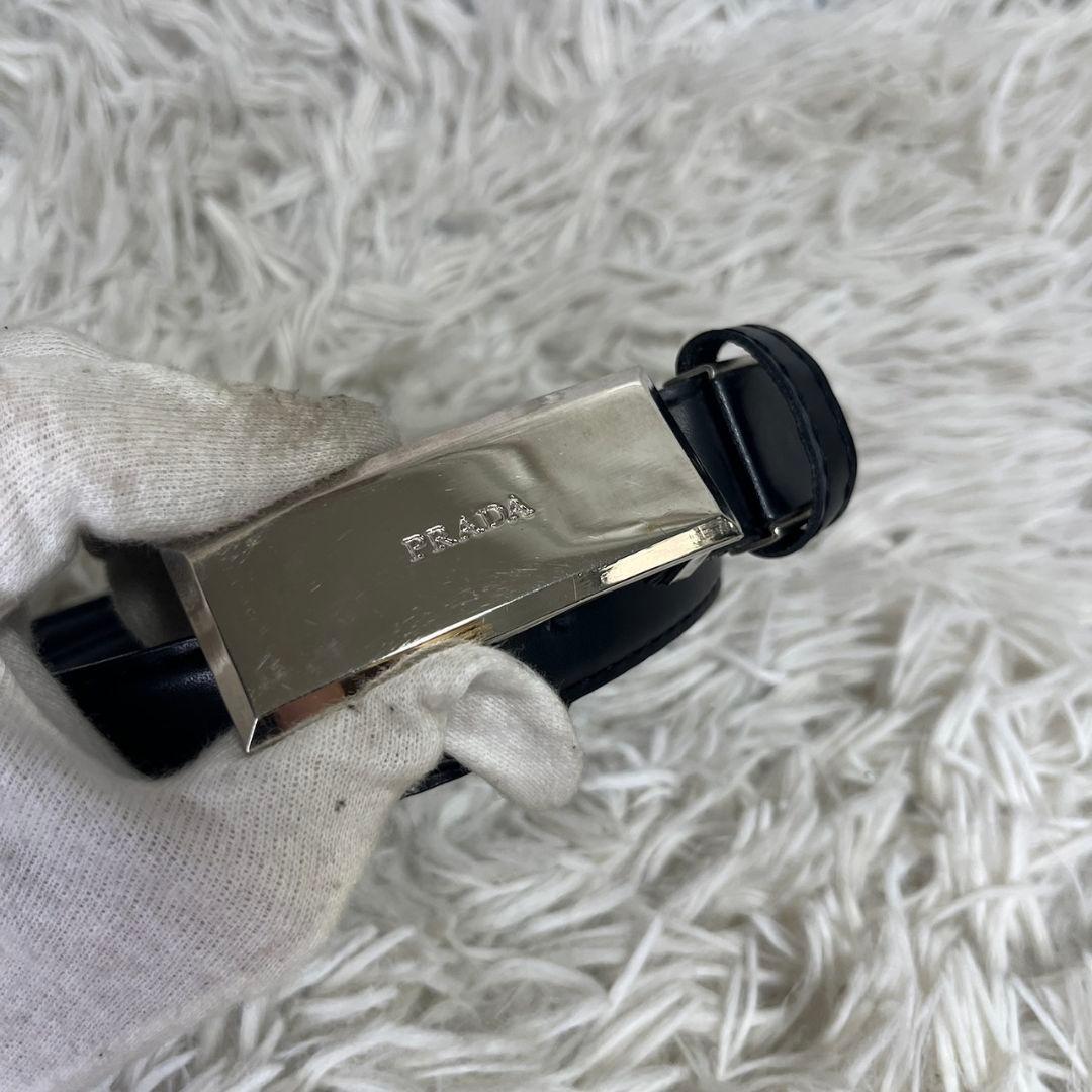 PRADA レザー　ベルト　ロゴ　シルバープレート　ブラック