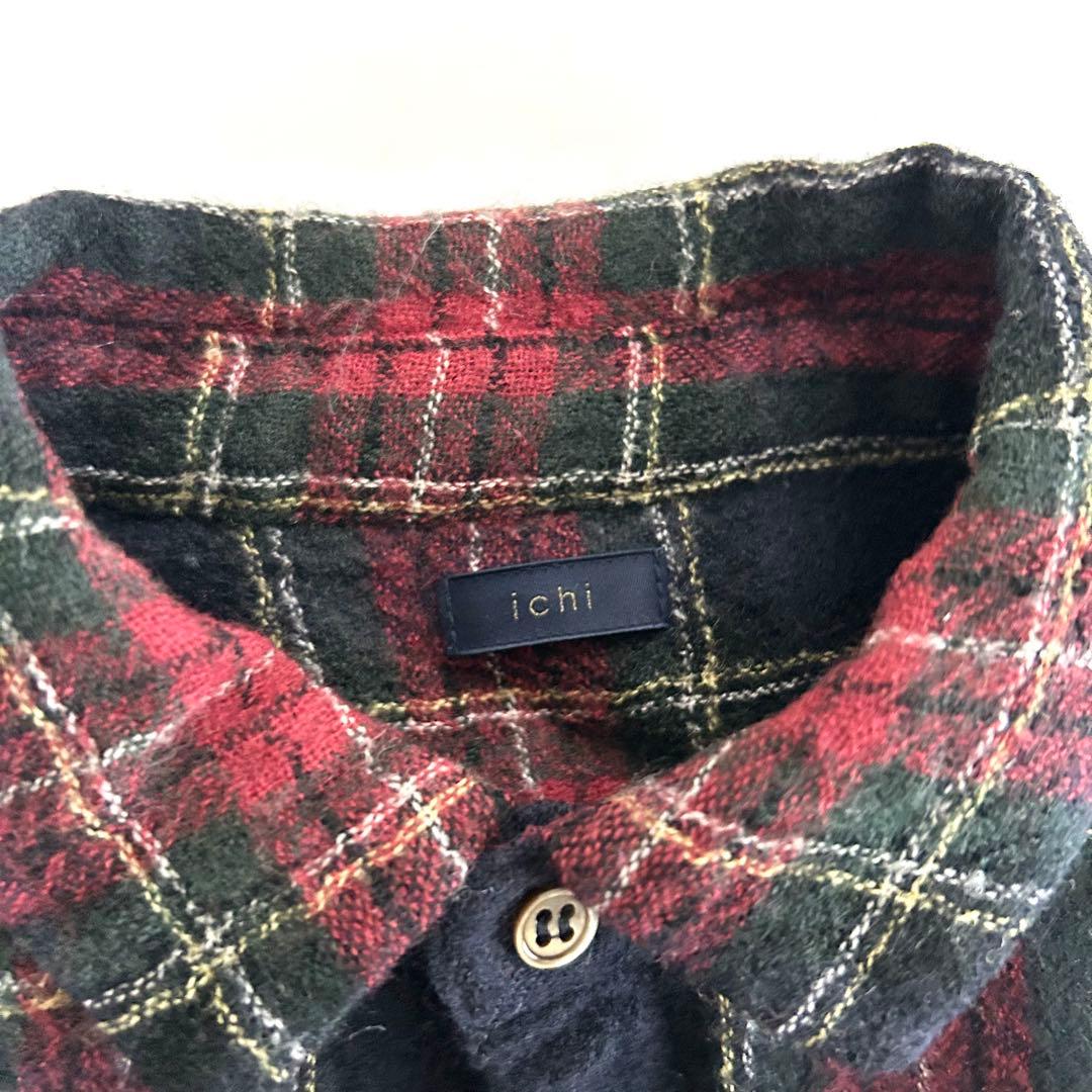 暖か イチ ichi チェックギャザーシャツワンピース ウール 黒 ブラック 毛