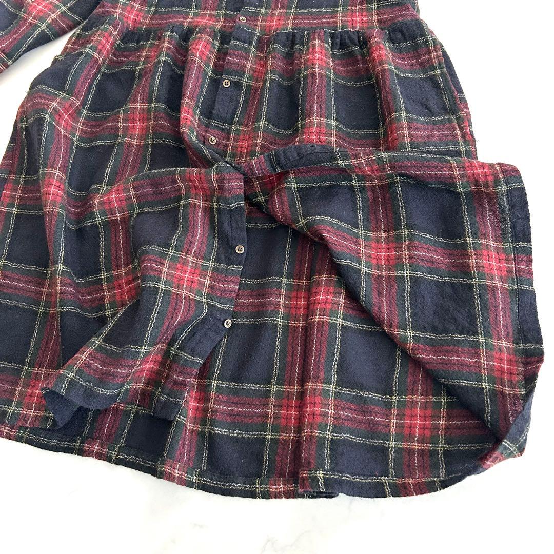 暖か イチ ichi チェックギャザーシャツワンピース ウール 黒 ブラック 毛
