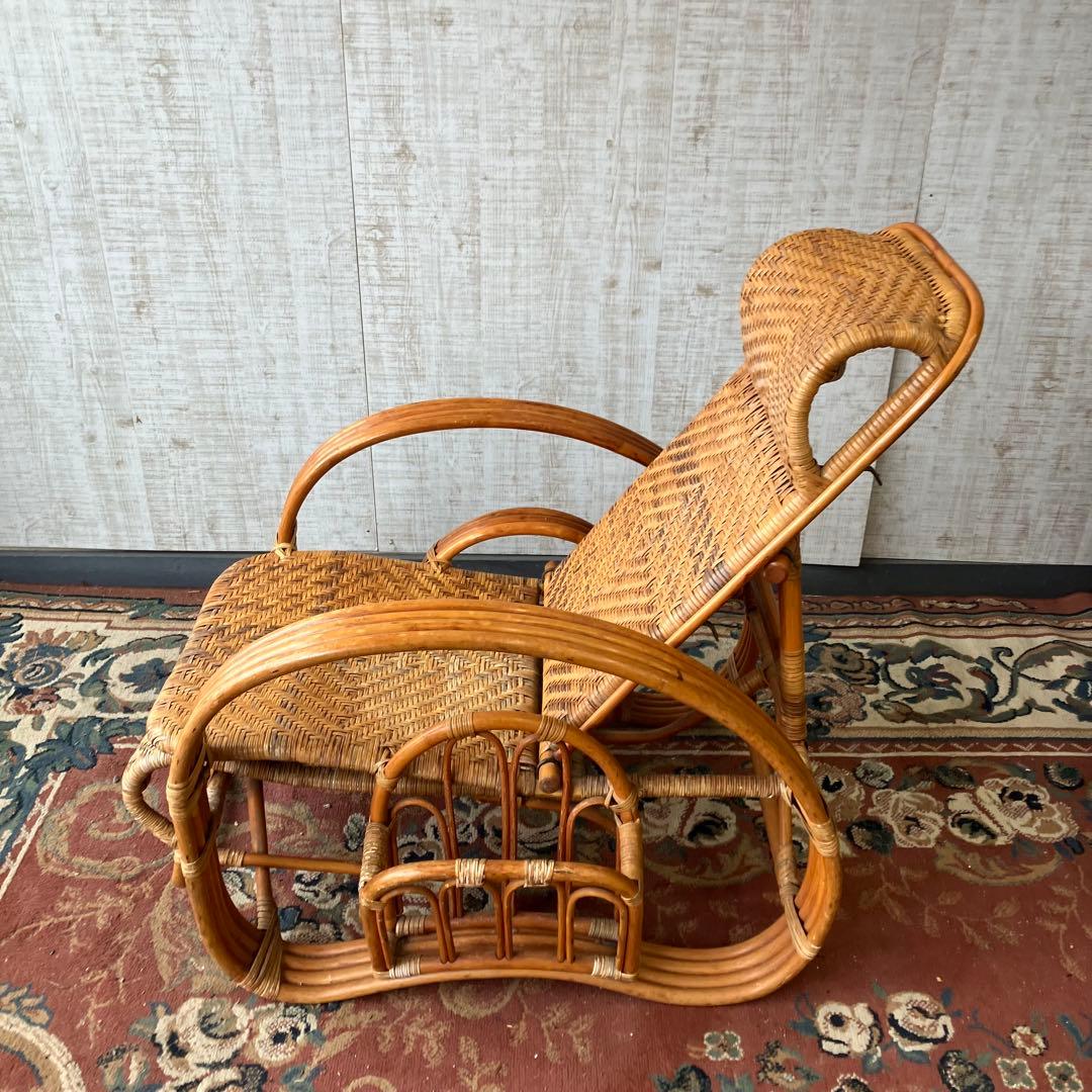 ビンテージ ラタンリクライニングチェア オットマン付き 籐家具 1人掛けソファー