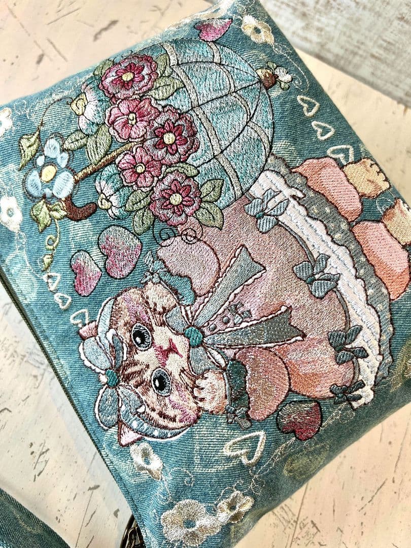 インディゴハート柄デニム♡刺繍のショルダーバッグ♡フリルリボン猫ちゃん