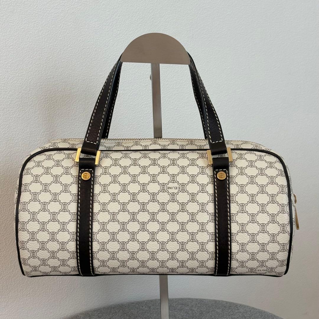 【美品】セリーヌ マカダム柄ハンドバッグ ミニボストンバッグ ホワイト系 127