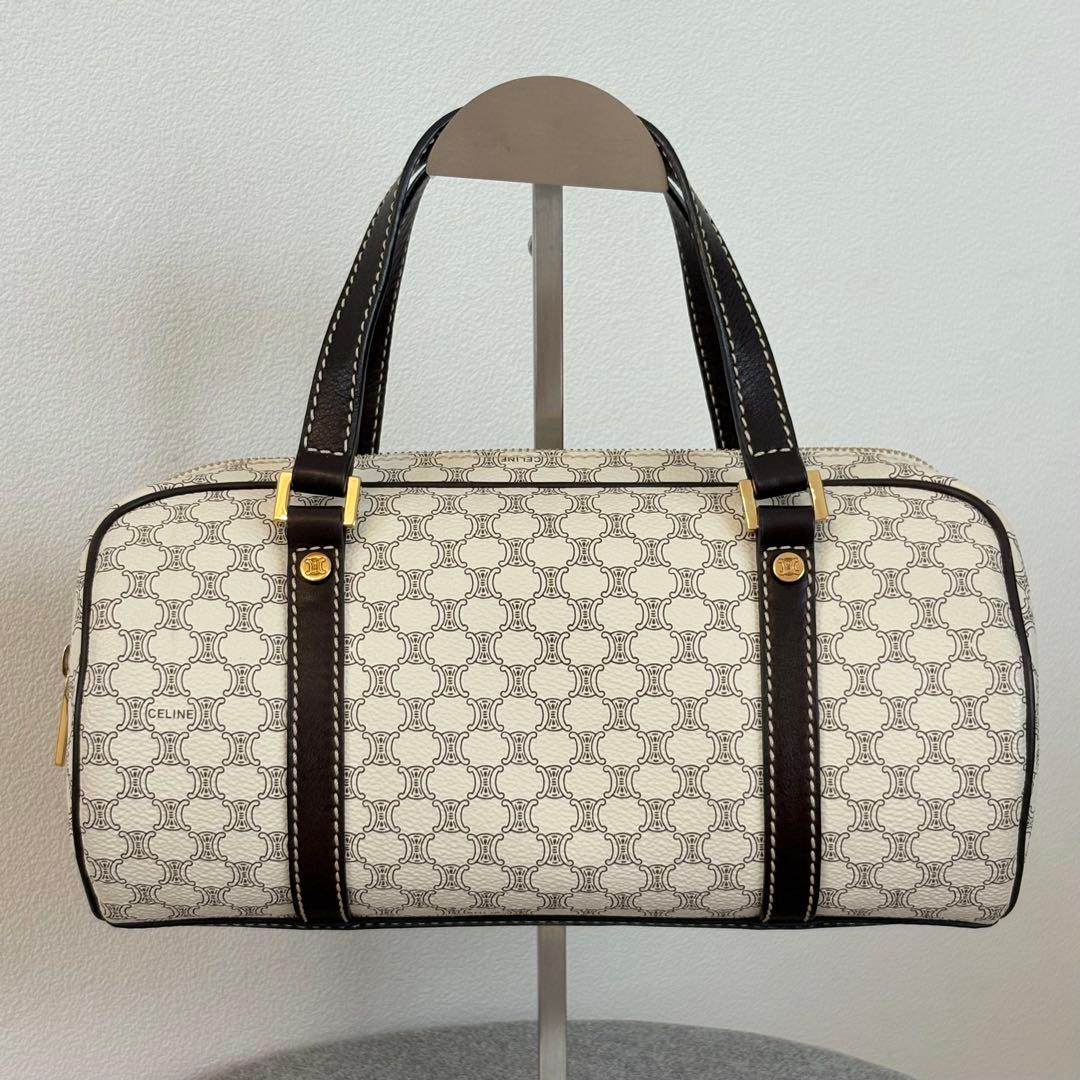 【美品】セリーヌ マカダム柄ハンドバッグ ミニボストンバッグ ホワイト系 127