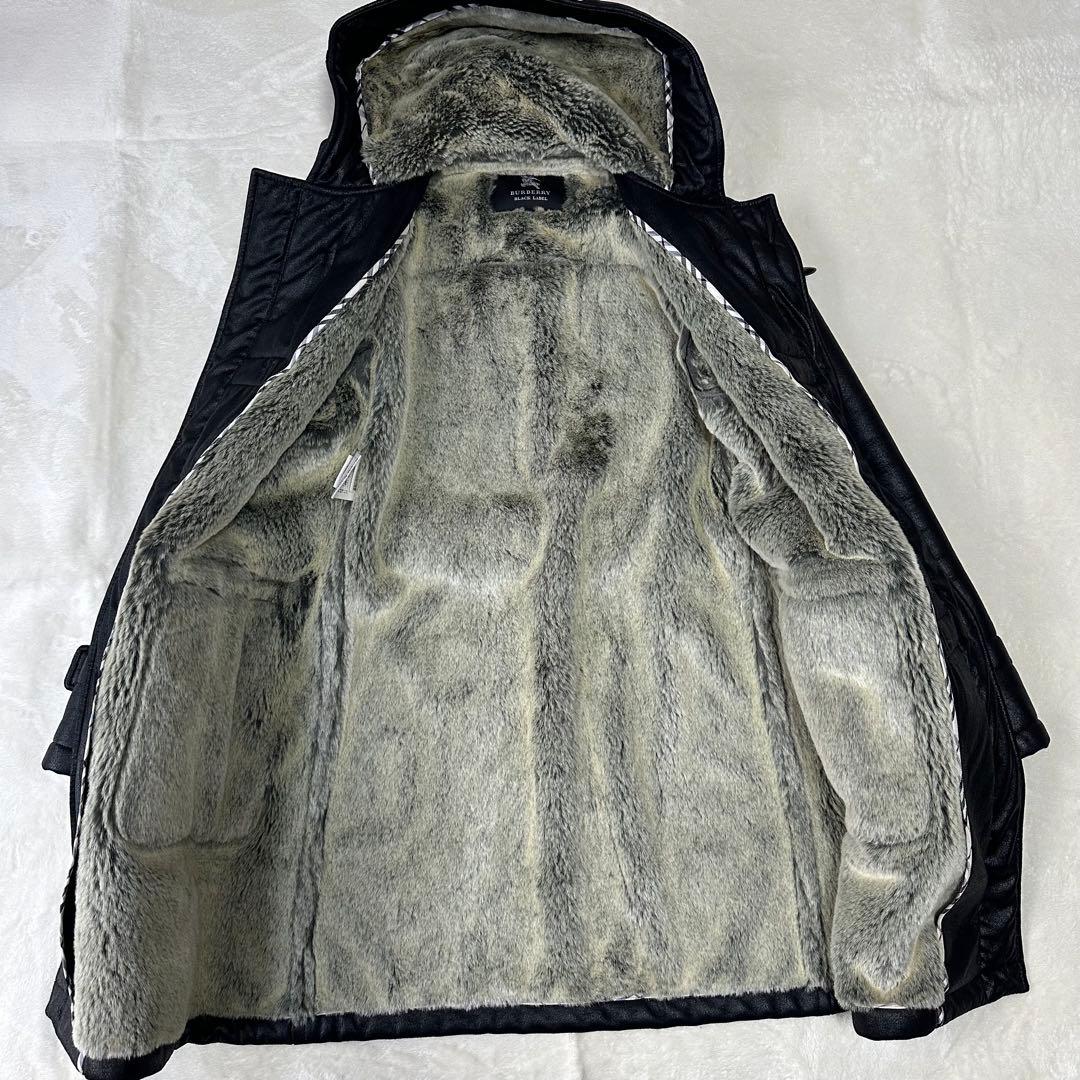 バーバリー ブラックレーベル ダッフルコート エコレザー ファー フーディ 黒