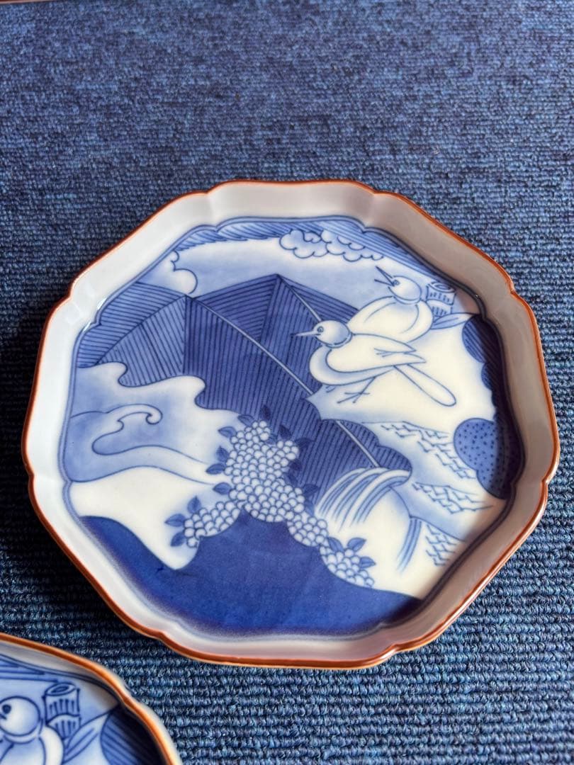 1008 今右衛門 染付小皿　3点セット 花鳥図案 時代物