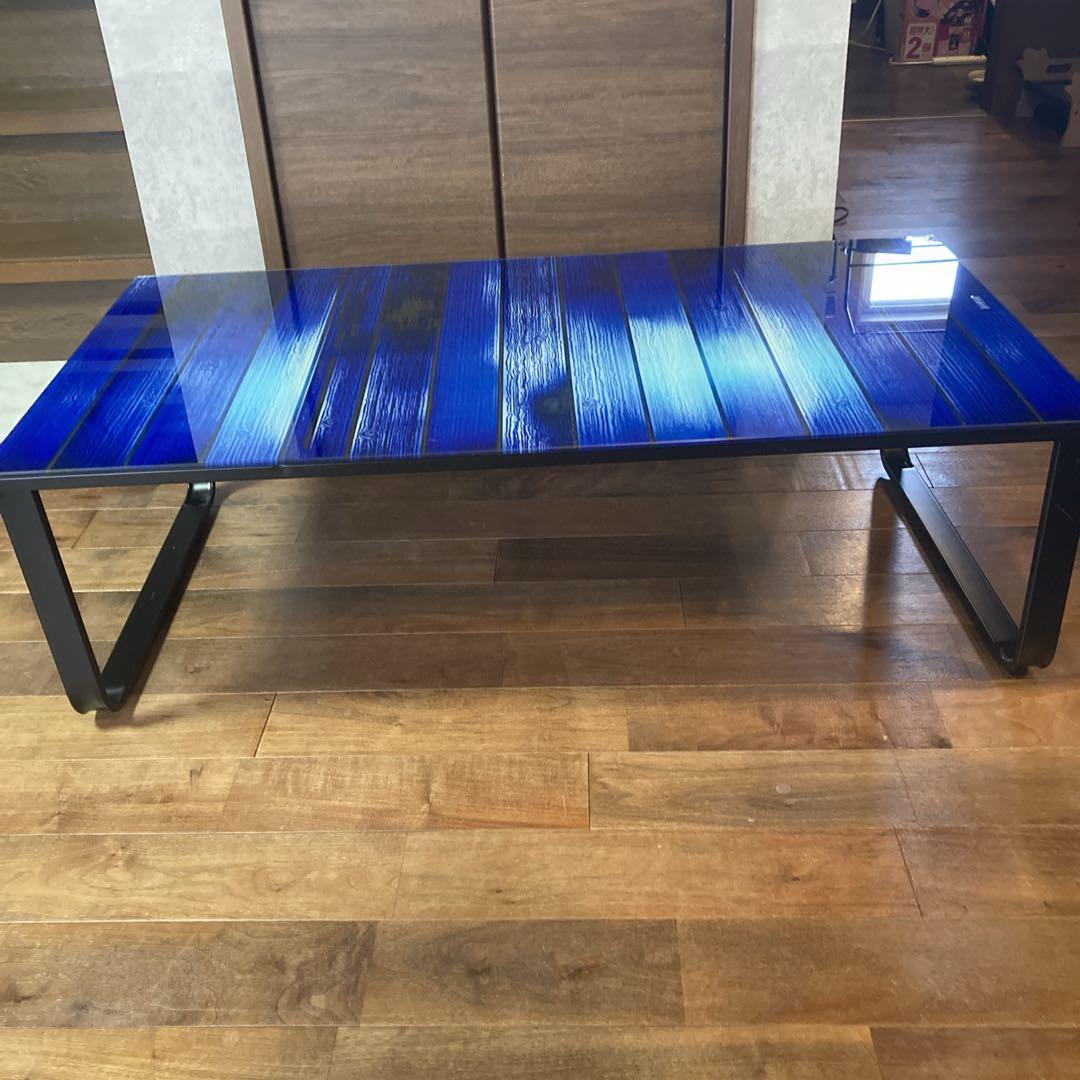 貴重✨️天板強化ガラス 青い木目調 黒い金属製フレーム モダン コーヒーテーブル