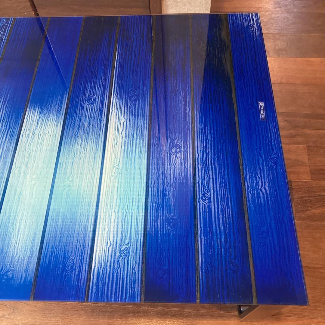 貴重✨️天板強化ガラス 青い木目調 黒い金属製フレーム モダン コーヒーテーブル