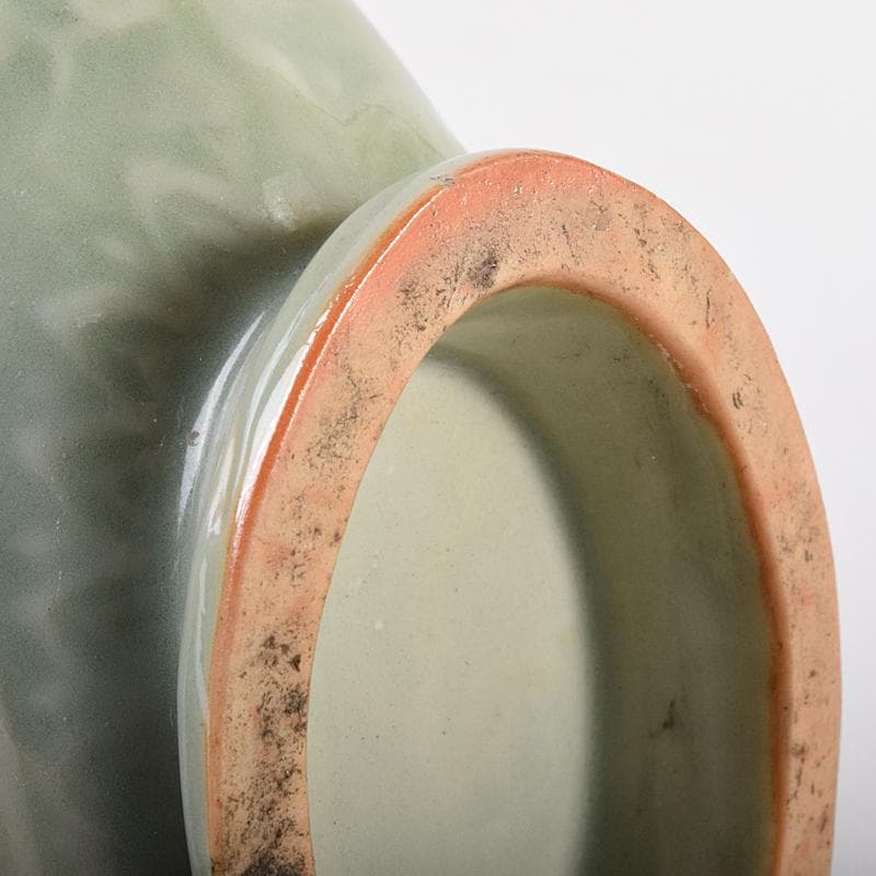 中国　龍泉窯　青磁　陽刻　龍鳳凰花文　扁壷　V　R7826