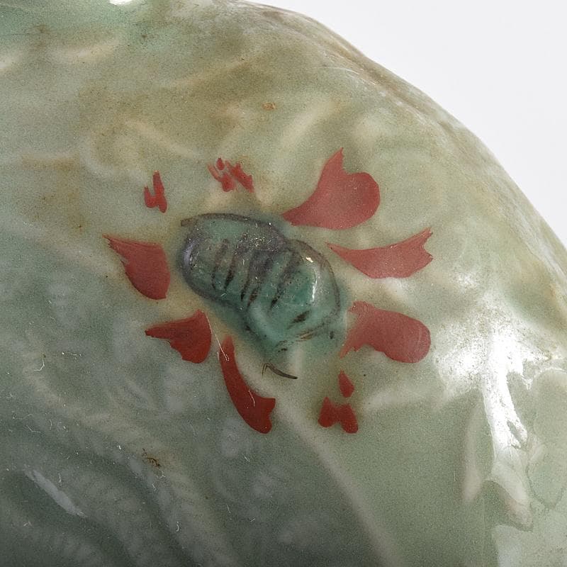 中国　龍泉窯　青磁　陽刻　龍鳳凰花文　扁壷　V　R7826