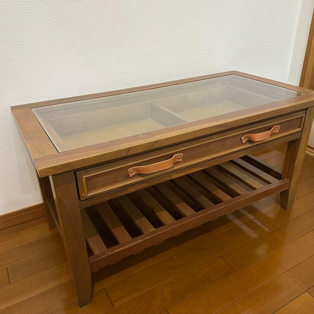 ローテーブル ガラス天板 引き出し付