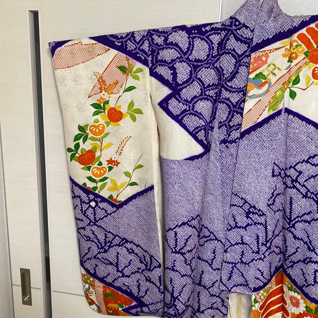 振袖　長襦袢　袋帯　3点セット　紺色　紫　有松絞り　鹿の子絞り　金駒刺繍　金彩