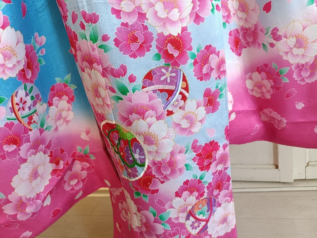 正絹☆ブルーピンクの着物にキラキラ作り帯セット