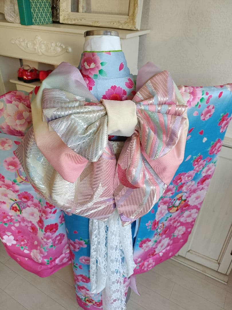 正絹☆ブルーピンクの着物にキラキラ作り帯セット