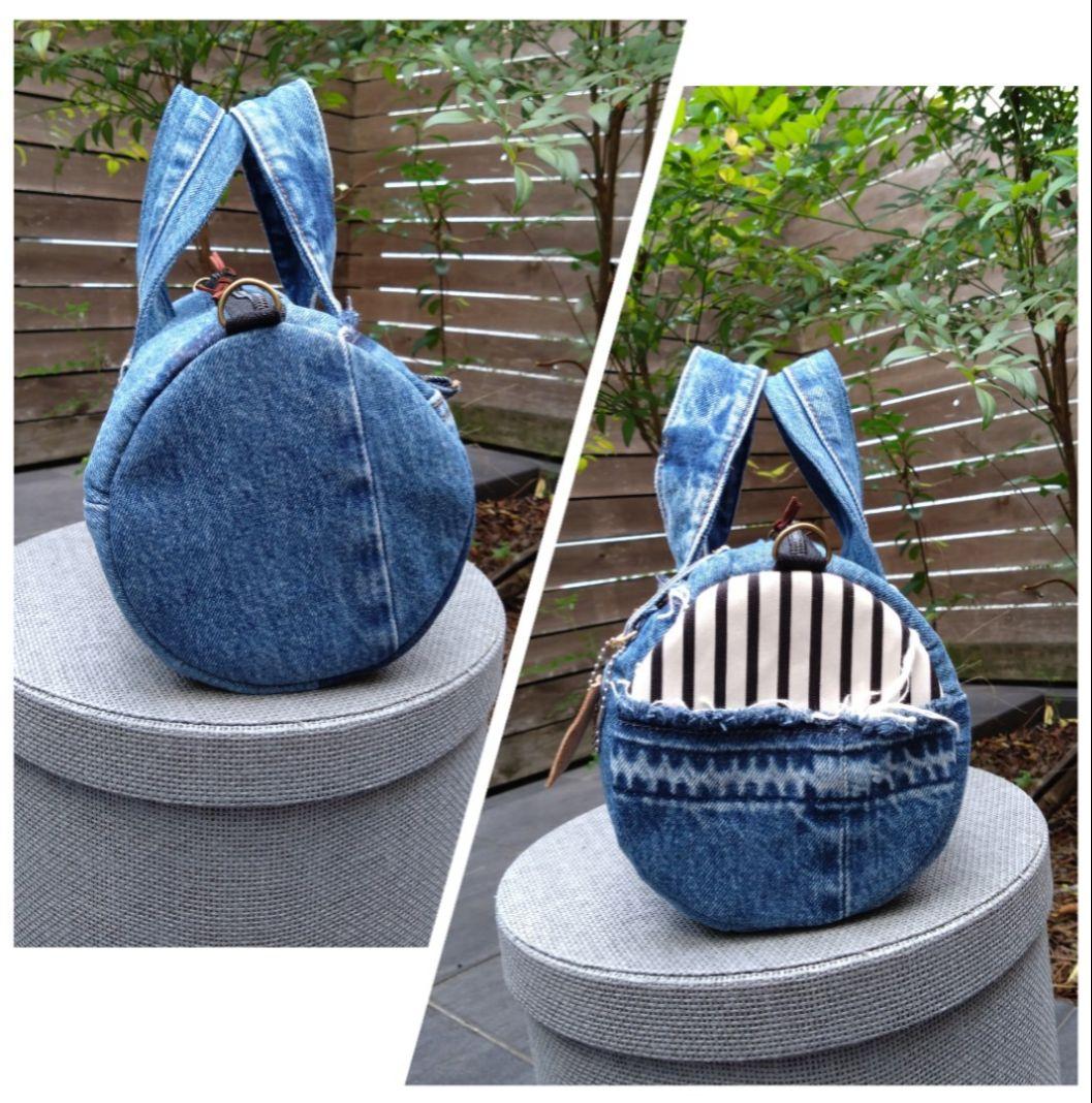 専用❕️№768【DENIM❌️ドラム缶型ボストンバッグ♥】デニムリメイクバッグ