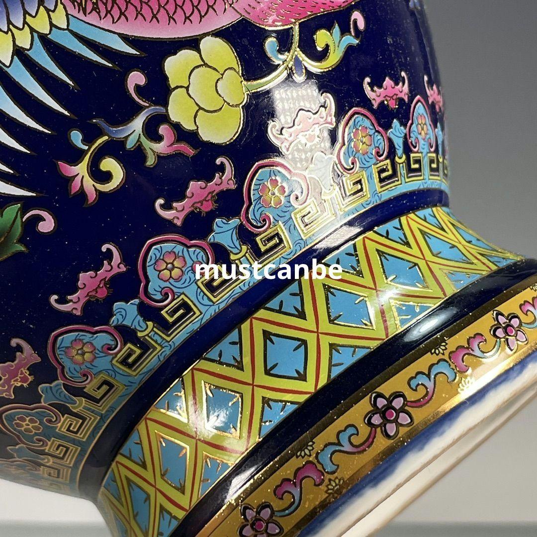 琺瑯彩藍釉鳳穿牡丹両耳瓶 景徳鎮 陶磁器 装飾品 現代工芸品 美術品 置物