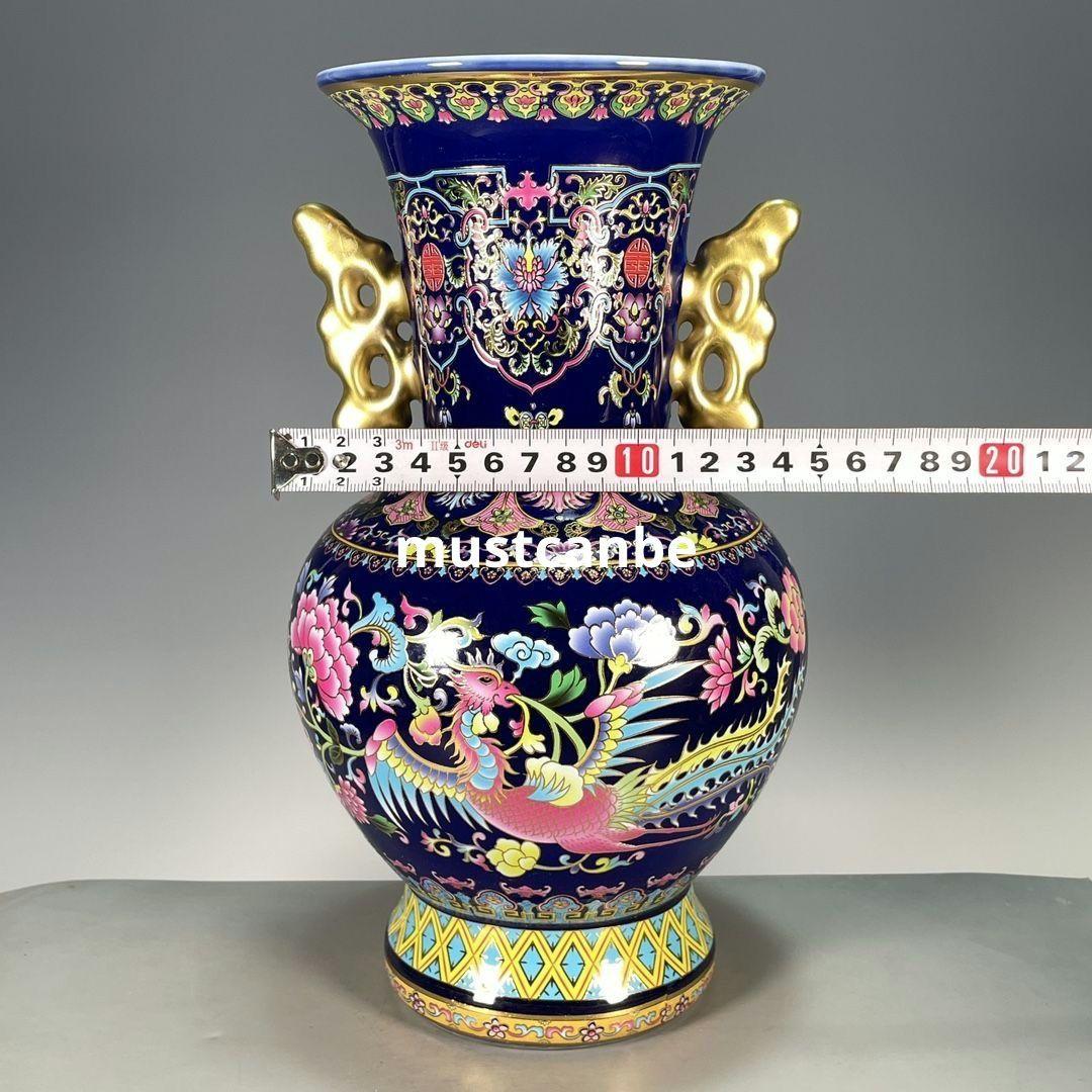 琺瑯彩藍釉鳳穿牡丹両耳瓶 景徳鎮 陶磁器 装飾品 現代工芸品 美術品 置物