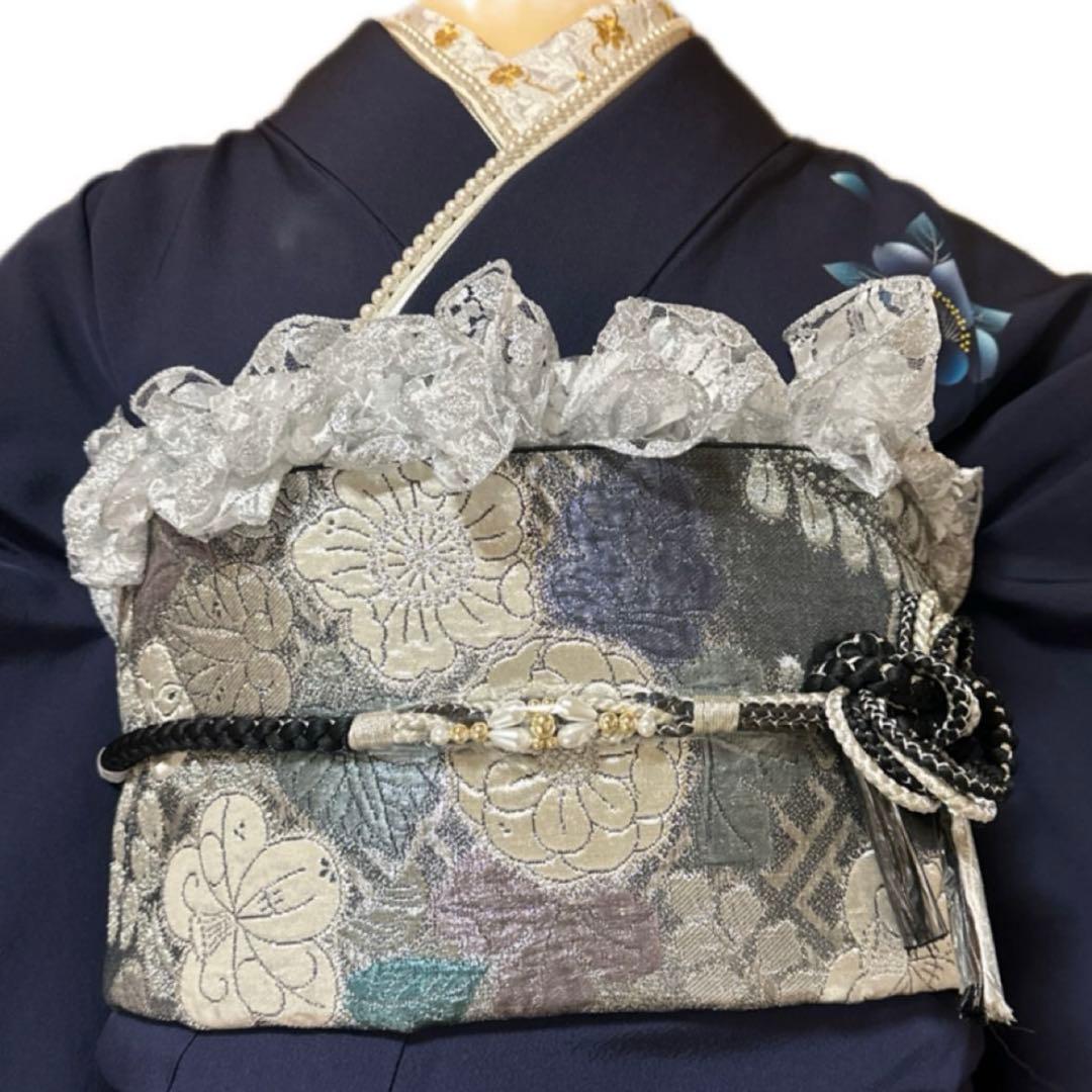 雪の女王❤︎あふれる透明感 紺×シルバーレースの振袖フルセット 成人式