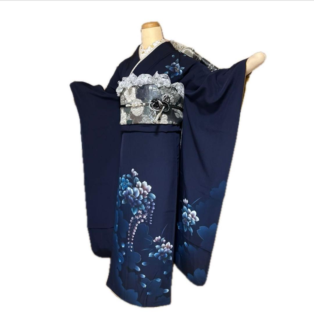 雪の女王❤︎あふれる透明感 紺×シルバーレースの振袖フルセット 成人式